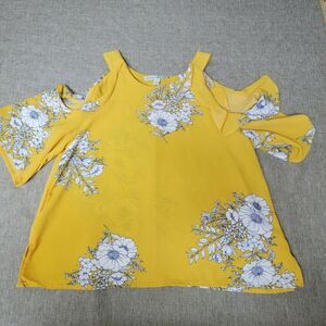 HAUTE MONDE Floral Print Cold Shoulder Top Blouse Yellow Women's Size Small